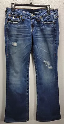 Women's True Religion Bootcut Blue Jeans Distressed Flap Pockets Cotton Sz 29 • $20.99