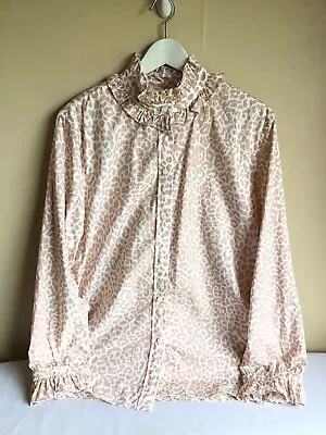 Womens J Crew Beige Cheetah Animal Print Ruffled Collar Sleeves Button Up Blouse • $24.99