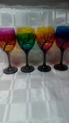 Hand Painted Set Of Four Gothic Black Tree Large Wine Glasses • £44.99