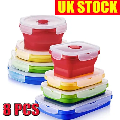 8 Pack Silicone Collapsible Food Storage Container Lunch Box Containers BPA Free • £21.89