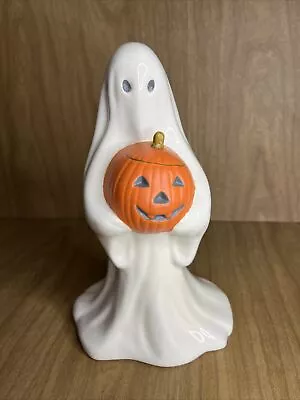 Vintage 1980s Ghost Statue Holding Jack-o-lantern Ceramic Homemade Hand Painted • $15.99