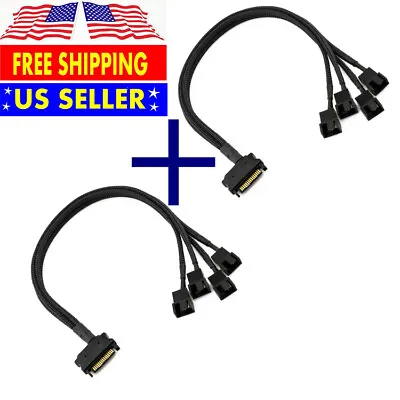 2x 15-Pin Male SATA To 4 Fan 12V Sleeved Power Adapter Cable 3 Pin / 4 Pin • $9.98