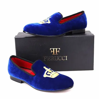 Handmade FERUCCI Men Blue Velvet Slippers Loafers With Crown  • $97.49