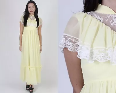 Vtg Light Yellow Lace Capelet Maxi Dress Boho Wedding Hippie Bridal Long Gown • $68.40