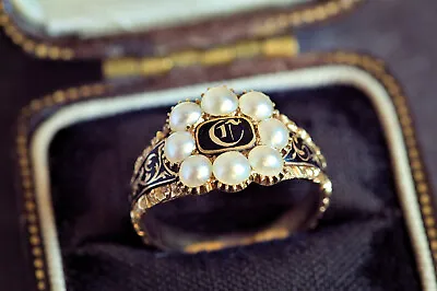 Superb Antique Georgian English 18k Gold Pearl Enamel Mourning Ring Castle 1821 • $2000