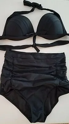 COCOSHIP Retro High Waisted Bikini Vintage Swimsuits Halter Swimwear Black 3XL • $12.58