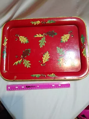 VTG Serving Tray Red 1950's Metal Oak Acorns Autumn Fall Leaves 17.5 X12.5  • $19.99