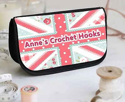 Personalised Shabby Chic Union Jack Crochet Hooks Needles Case Bag Pouch Gift • £9.99