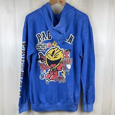 Pac-Man  Fleece Hoodie Pullover Blue Tie Dye Japanese Wriring Retro Arcade Small • $23