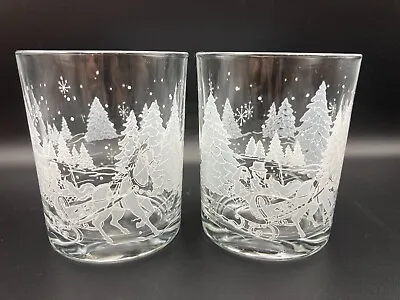 Frosted Christmas Pine Trees And Horse Drawn Sleigh Drinking Glass • $14.99