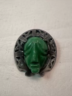 Old Mexico Mask Sterling Silver Aztec Mayan JADE Face Tribal Pin Brooch Pendant • $9.38