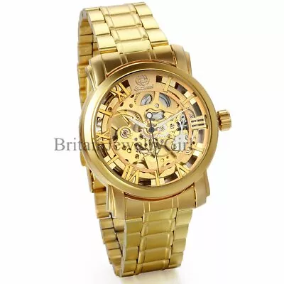 Luxury Gold Tone Skeleton Automatic Mechanical Stainless Steel Men's Wrist Watch • $35.99