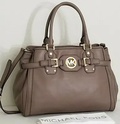 🌞michael Kors Hudson Dark Dune Tan Khaki Gold Logo Belted Large Tote Bag Nwt! • $249.99