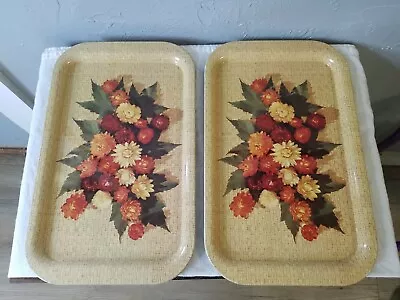 Two Vintage Autumn Metal Rectangular Trays With Floral Design • $16.50