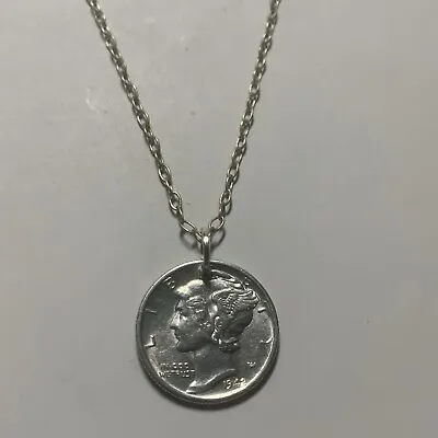 Vintage High Grade Silver 1942 Mercury Dime Pendant Rolo Chain Necklace 20” • $19.99