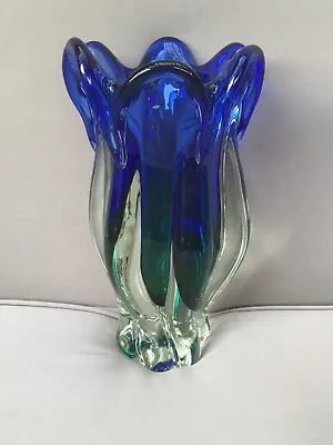 Vintage ART GLASS Retro BLUE & GREEN Vase Murano? - Mid Century • $90