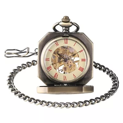 Bronze Mechaincal Hand Winding Pocket Watch For Men Tiger Case With Fob Chain • £21.59