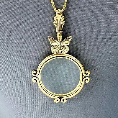 Antique Gold Color Butterfly Hand Mirror 5X Magnifying Glass Pendant Necklace • $17.99