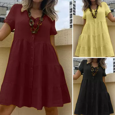 $18.99 • Buy Womens Cotton Linen Casual Short Sleeve Summer Buton Up Short Mini Dress Tunic