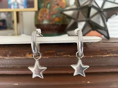 Vintage Sterling Silver Pair Hoop Pierced Earrings Hanging Stars • $14.95