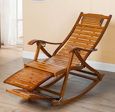 Heavy Duty Bamboo Rocking Chair Adjustable Lounge Recliner Leisure Living Room  • $139.93