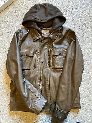 Michael Kors Men Brown Faux Leather Moto Bomber Jacket Hooded Coat M • $20.99