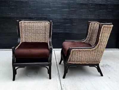 3 PAIRS  AVAIL! Bamboo Seagrass & Rattan Wing Back Velvet Coastal Chairs • $1195