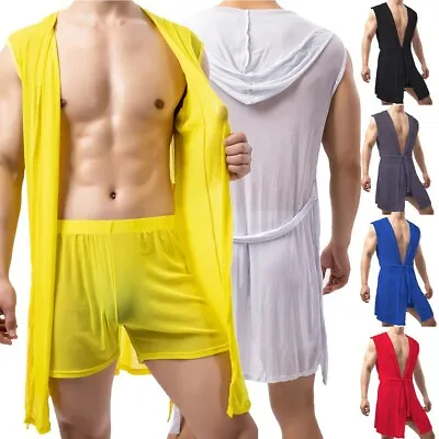 Men Sleeveless Bathrobe See-through Robe Gown Shorts Pyjamas Set Sleepwear Sheer • $28.99