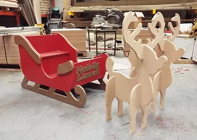 Santa Sleigh & Reindeer MDF Unpainted/Painted Wooden To Sit In 1150mm Length • £202.50