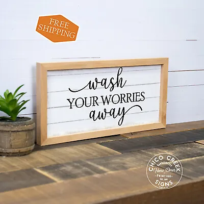 Wash Your Worries Away Sign Framed Wood Decor Bathroom Wash Room F1-07140001007 • £19.41