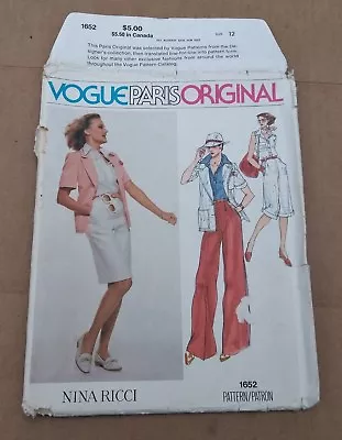 Vogue 1652 Uncut Paris Original Nina Ricci Jacket Skirt Pants & Shorts Size 12 • $12