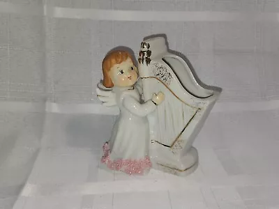 Vintage Stafford Angel Playing Harp Planter Spaghetti Trim Pink Gold Handpainted • $24