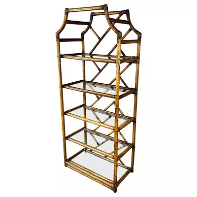 Coastal Rattan Bamboo Chippendale Glass Shelf Etagere • $2250