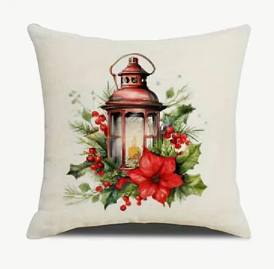 Christmas Lantern Christmas Linen Throw Pillow Cover 18x18 Winter Holiday Decor • $13.08