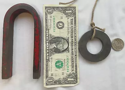 Vintage 2 Industrial Iron Horseshoe Magnet U Shaped & Round Workshop Tool • $14.99