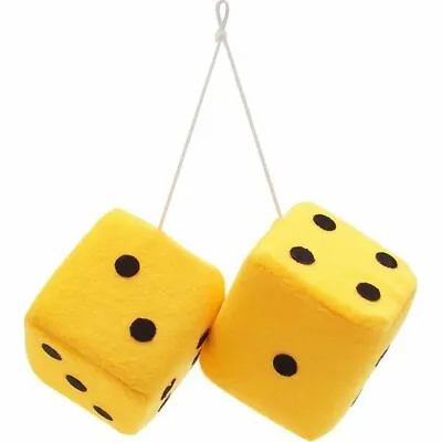 3  Yellow Fuzzy Dice With Black Dots - Pair VPADICEYLB Vintage Parts Usa Muscle • $23.31
