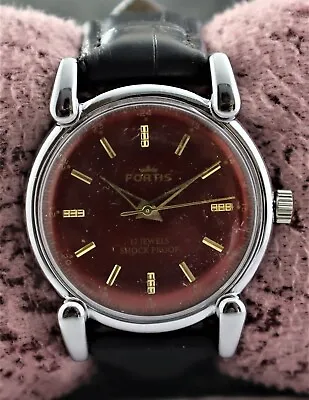 Vintage FORTIS Men Hand Winding 17 Jewels Red Dial Leather Band Wristwatch • $24.99