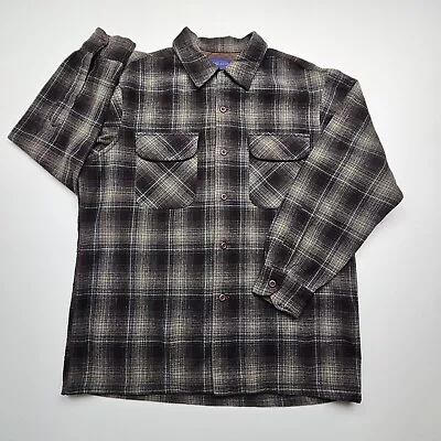Pendleton Shirt Mens Medium Brown Tan Flannel Shadow Plaid Pure Virgin Wool Camp • $40.99