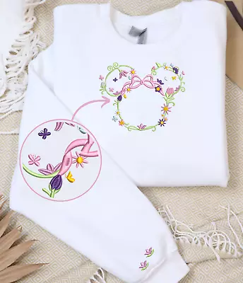 Minnie Mouse Floral Wreath Embroidered Hoodies Sweatshirts W/ Sleeve Embroidery • $32
