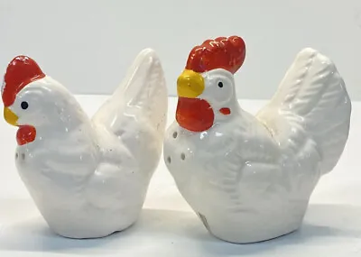 Vintage White Rooster Hen Chicken Salt And Pepper Shakers Farmhouse Made Taiwan • $18.95