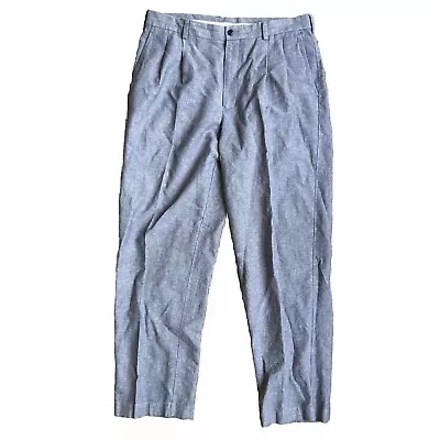 Roundtree Yorke Gold Label Dress Pants Mens Linen Premium W36 L32 Blue Chambray • $29.95