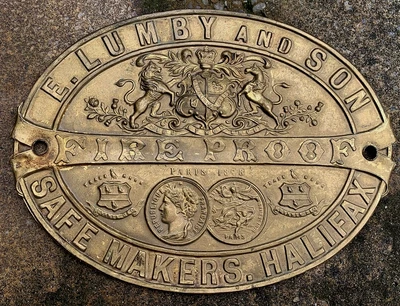£25 • Buy Vintage Antique Lumby's Halifax Fire Proof Safe Brass Plate Plaque Steampunk
