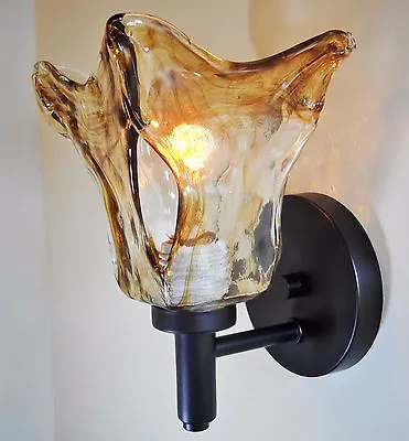 Unique Bronze Finish Art Glass Wall Sconce Rustic Cabin Fixture Light Country • $59