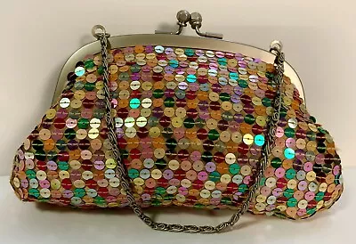 Sequin Purse Evening Bag Clutch Multi Color Silver Chain 8” Old Navy • $11.95