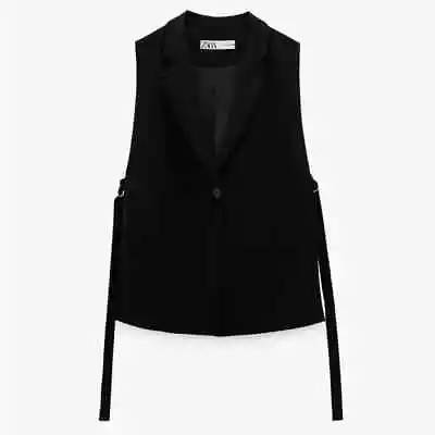 Womens Zara Black Blazer Vest Gilet Size Large L Button Front Open Side Mint! • $59.95