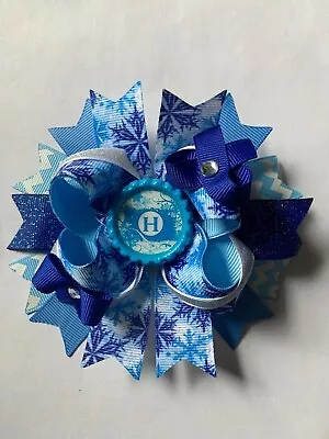 Winter Frost Themed 5  Stacked Hair Bow With Monogram Letter H Bead In Center • $8.99