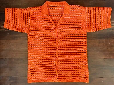 Crochet Flagship Shirt Men Button Down Short Sleeve Orange Small Medium Handmade • $64.98