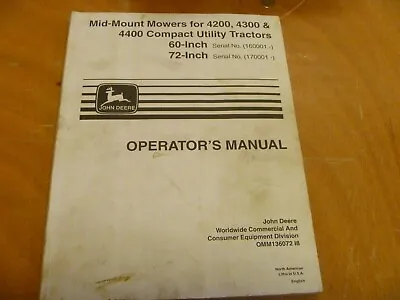 John Deere 60 & 72 In Mid Mount Mower For 4200 4300 4400 Tractor Operator Manual • $111.30