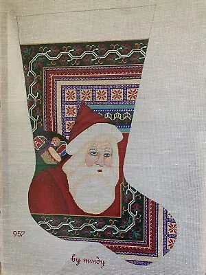 VTG Hand Painted Needlepoint Stocking With Santa 16 X 23 Artist Signed Mindy • $400