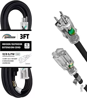 3FT 12/3 Lighted Outdoor Extension Cord 12 Gauge 3 Prong SJTW Heavy Duty Black • $11.79